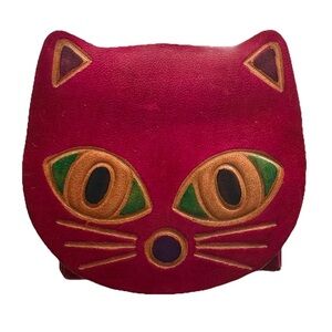 Genuine Leather Magenta Red Cat Face Coin Purse